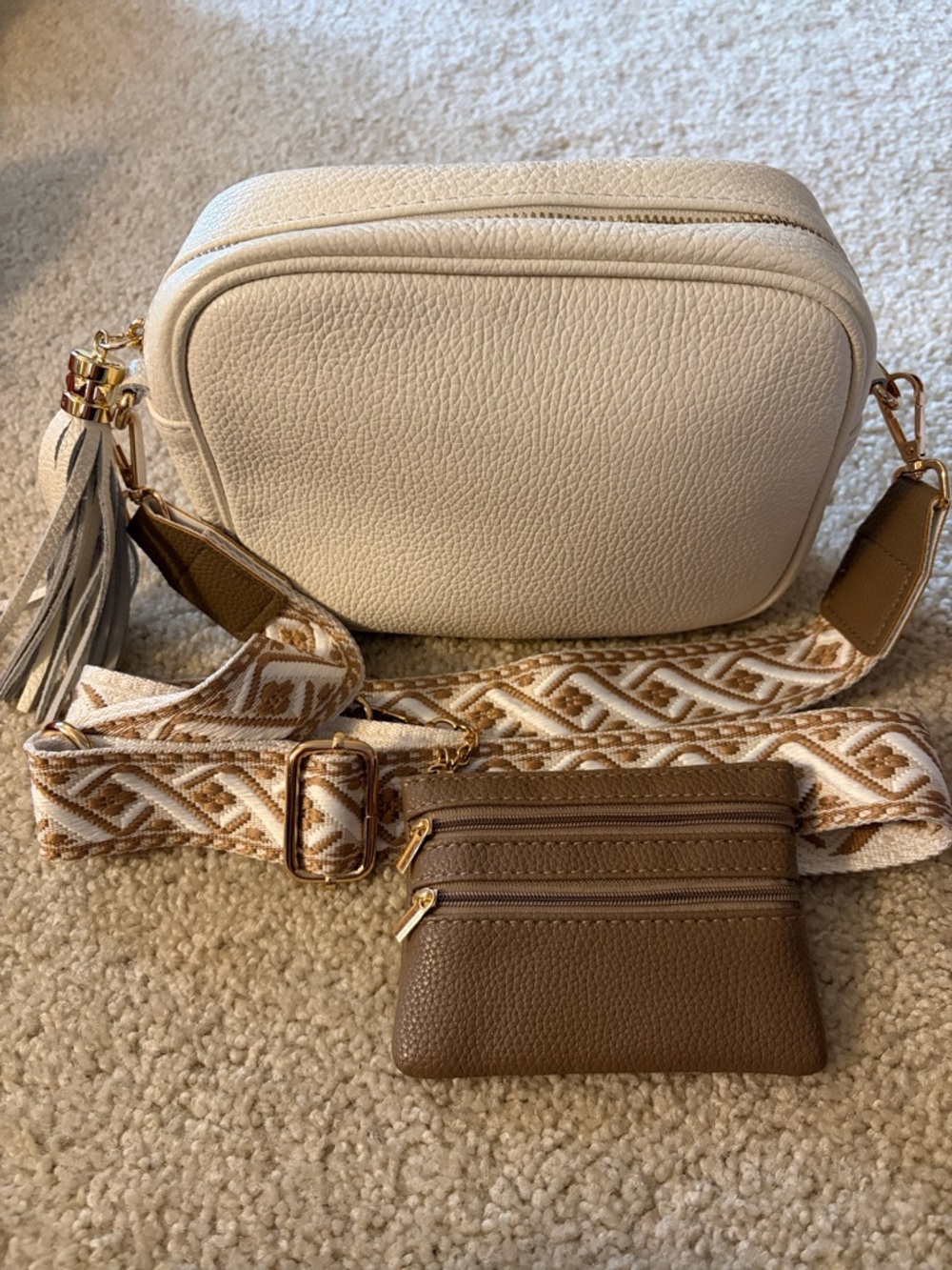 Vera Pelle Crossbody Camera Bag Genuine Leather Made in Italy White with Tassel